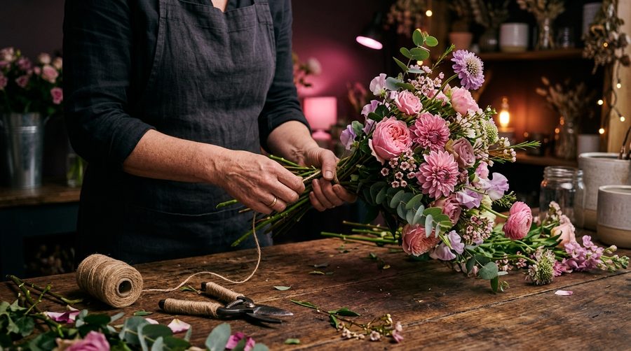 Tangan florist merangkai bunga segar di atas meja kayu gelap dengan cahaya aksen merah muda